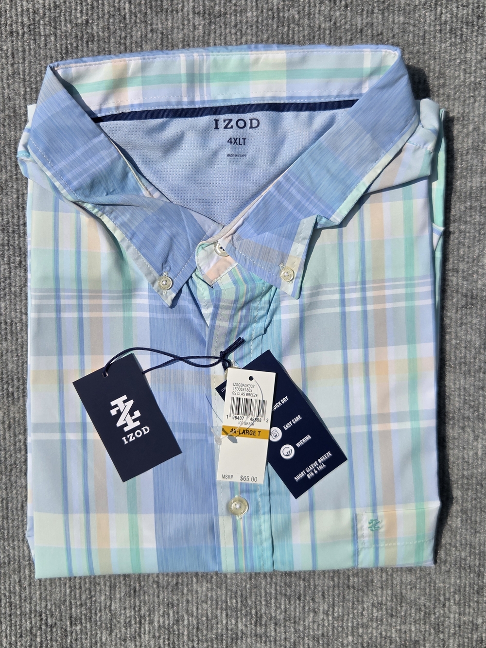 NWT IZOD Men's Plaid Button-Down Short Sleeve Breeze Quick Dry Easy Care 4XLT